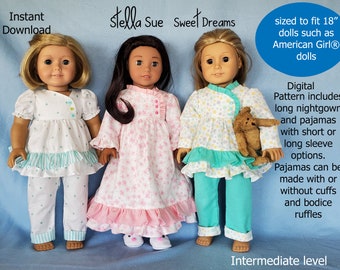 Stella Sue Sweet Dreams pajamas and nightgown DIGITAL PATTERN to fit 18" dolls
