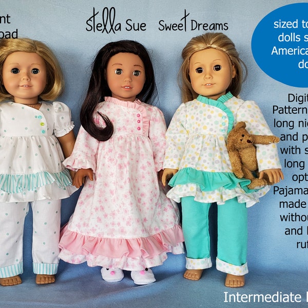 Stella Sue Sweet Dreams pajamas and nightgown DIGITAL PATTERN to fit 18" dolls