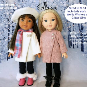 May include: Two dolls dressed in winter outfits. One doll wears a white coat, beret, plaid scarf, black pants, and pink boots. The other doll is in a pink coat, black pants, and black boots. The image includes text that says "Digital Pattern Instant Download" and "Stella Sue".