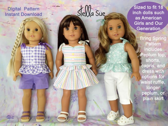 Stella Sue DIGITAL PATTERN Bring Spring Peplum Top, Dress, Capris, Shorts to fit 18" dolls such as Our Generation and American Girl