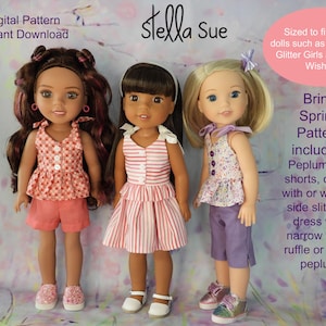 Może przedstawiać: Trzy lalki ubrane w ręcznie robione stroje. Lalka po lewej stronie ma na sobie różowy top i szorty. Środkowa lalka ma na sobie pasiastą sukienkę. Lalka po prawej stronie ma na sobie kwiatowy top i fioletowe rybaczki. Obraz zawiera tekst "Digital Pattern Instant Download" i "Stella Sue".