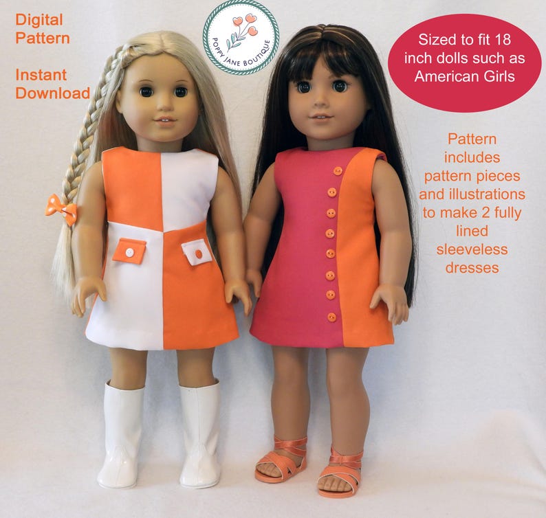 May include: Two dolls wearing sleeveless dresses. One dress is white and orange, the other is pink and orange. The dresses are designed to fit 18-inch dolls. The image includes text that says "Digital Pattern" and "Instant Download."