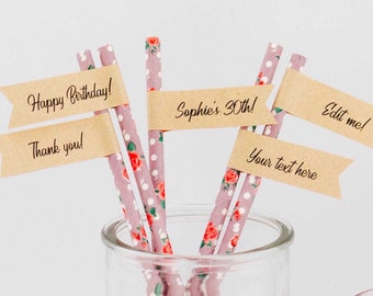EDITABLE PDF, Instant Download, Printable File, Customised Straw Flags, Personalised Straw Tags, Birthday, Wedding, Baby Shower, Engagement