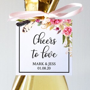 Editable PDF, Cheers to Love Wedding Favor Tag, Mini Champagne Favour Tag, Alcohol Bottle, Boho, Bohemian, Pink, Sticker, Gifts, Printable