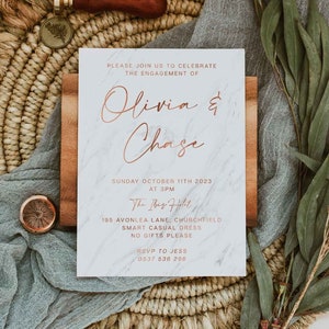 Rose Gold Engagement Invitation, Rose gold and marble, Copper Engagement Invite, Bronze invitations, faux foil, Engagement Party stationery
