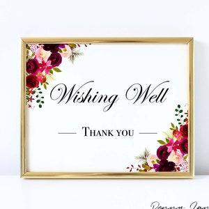 Wishing Well Sign, Argent, Cartes et cadeaux, Rouge, Bourgogne, Marron, Décorations, Signe de table, Signe de cartes, Imprimable, Décor de mariage, MW1
