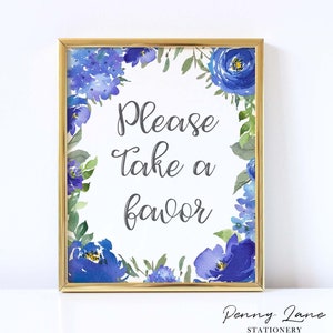 Blue Floral Please take a Favor Sign, Baby Shower Favor Sign, Favor Table, Favour Table, Botanical, Greenery,Boy Baby Shower Decorations,BF1