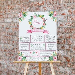 Pink Tropical First Birthday Party Milestone Board, Póster, Estadísticas de cumpleaños, Decoraciones de fiesta tropical, Signo, Chicas, Greenery, Flamingo, TR1