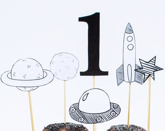 Outer Space Cupcake Toppers, Space Man, Rocket Ship, Planets, Space ship, Astronaut, Moon, Star, Monochrome, Boys, Girls, Black, White