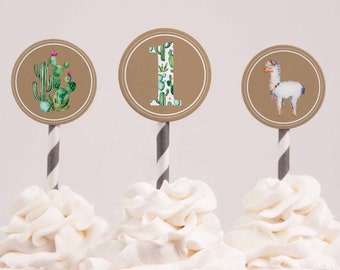 Lama Cupcake Toppers, Cactus Cupcake Toppers, Fiesta Cake Toppers, Décorations, Imprimable, Téléchargement instantané, Anniversaire, 1er, 2ème, Alpaga