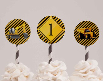 Digger Cupcake Toppers, Vehicle Party Decor, Digger Party Decorations, Dump Truck Birthday Decor, Boys Birthday Invites, Construction