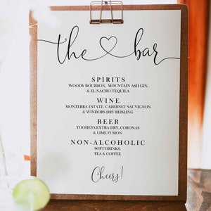 EDITABLE PDF, The Bar, Heart Swashes, Wedding Bar Menu, Modern, Alcohol List, Drinks Menu, Decorations, Printable, Minimalist, Cursive,SR1