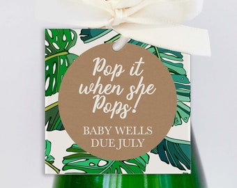 EDITABLE PDF, Tropical Baby Shower Favor Tag, Pop It When She Pops, Baby Shower Favour Tags, Printable, Leaves, Monstera, Jungle, KL1