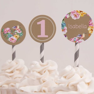 EDITABLE PDF, Hummingbird Cupcake Toppers, Garden Tea, High Tea, Vintage, Floral, Decorations, Birthday Party, 1st, 2nd, 3rd,Girls,Printable