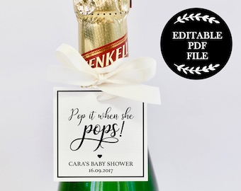 Editable PDF, Pop It When She Pops Favor Tag, Editable Baby Shower, Favour Tags, Printable Baby Shower, Thank You Tags, Champagne Bottle Tag