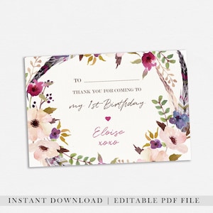EDITABLE PDF, Thank You Card, Girls Birthday, Bohemian, Boho, Party Decor, Party Decorations, Printable, Pink and Purple, Floral, BO1