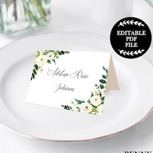 Bewerkbare PDF-plaatskaarten, witte bloemen bruiloft plaatskaarten, bruiloft naamkaartjes, afdrukbare plaatskaarten, witte bloemen, groen, digitaal, WF1