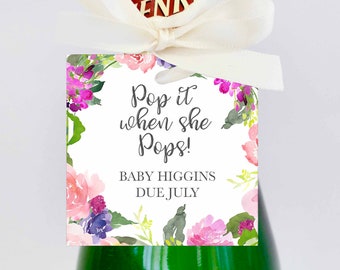 EDITABLE PDF, Baby Shower Favor Tag, Pop it when she pops, Favour Tag, Mini Champagne Bottle, Floral, Popcorn, Wine, Pastel Pink, Girl, PF1