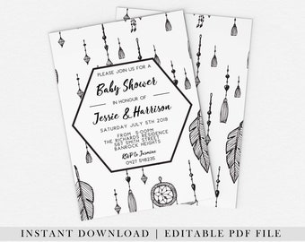 EDITABLE PDF, Monochrome Baby Shower Invite, Unisex Baby Shower Invitation, Black and White, Modern, Boy, Girl, Dreamcatcher, Printable