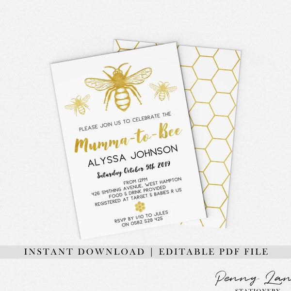 Gold Bee Invite, Bee Baby Shower Invitation, Mumma to Bee, Mommy, Mummy, Parents, Gold Foil, Metallic, Bumblebee, Honey Bee, Printable, GB1