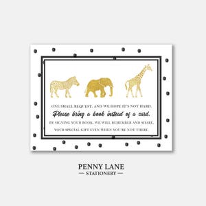 Safari Bring A Book Card, Jungle Book Request, Book Insert, Baby Shower, Book for Baby, Black and Gold, Polka Dot, Gold, Animal, Boys, BW1 image 1