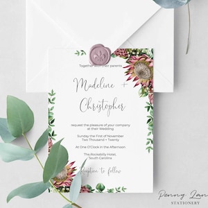 EDITABLE PDF, Protea Wedding Invitation, Australian Native Flowers, Wedding Invite, Card, Rustic, Floral, Garden, Outdoor, Printable, PR1