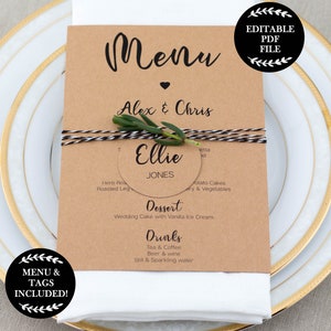 EDITABLE PDF, Rustic Wedding Menu, Modern, Simple, Name Tags, Place Cards, Printable Wedding Menu, Kraft, 5 x 7, Instant Download