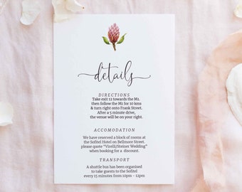 EDITABLE PDF, Protea Wedding Details Card, Rustic Invitation Suite, Australian Native Flowers, Stationery, Information Card, PR1