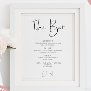 EDITIERBARE PDF, Hochzeit Bar Menü, Getränke Liste, Alkohol Liste, Bar Schild, minimalistisch, modern, Dekorationen, Dekor, Briefpapier, Printable, BT1