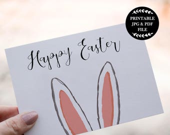 Printable Easter Card, Happy Easter Greeting Card, Easter Cards, Easter Bunny Card, Easter Printables, Rabbit Ears, Bunny Ears, Digital
