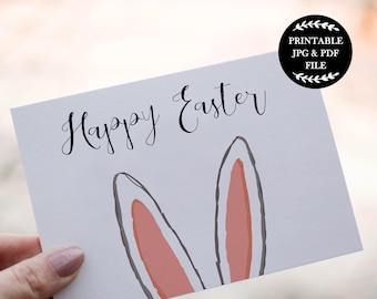 Printable Easter Card, Happy Easter Greeting Card, Easter Cards, Easter Bunny Card, Easter Printables, Rabbit Ears, Bunny Ears, Digital