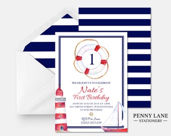 Nautical Birthday Invitation, Sailor Birthday Invite, Nautical Birthday Party, First, 1st, Navy Blue, Boys Birthday, Printable