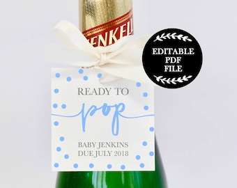 EDITABLE PDF, Blue Favor Tags, Boys Favour Tags, Baby Shower, Favor Tags, Ready to pop, Champagne Bottle, Mini Wine Bottle, Blue and Grey