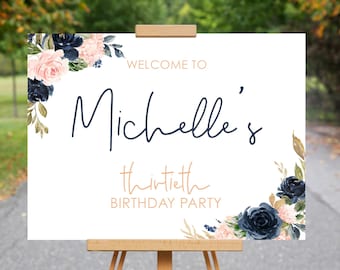 Navy and Peach, Blush Pink, Blue Flowers, Printable Birthday Welcome Sign, Birthday Signage, 30th, Large Poster, Decorations, Stationery