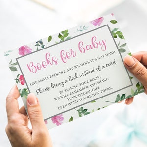 Boeken voor babykaart, breng een boek mee in plaats van een kaart, verzoek, spel, invoegen, babyshower, meisje, roze, bloemen, bloemen, afdrukbaar, PF1