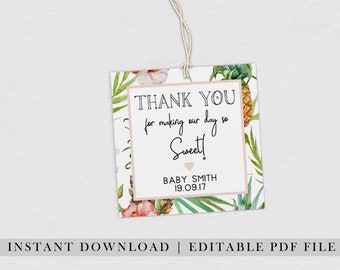 EDITABLE PDF, Pineapple Baby Shower Favor Tag, Sweet Thank you Tag, Tropical Favour Tags, Baby Shower Gift Tags, Label, Swing tag, Printable