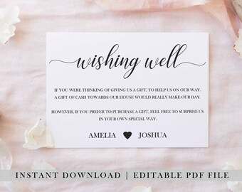 EDITABLE PDF, Wishing Well Card, Wishing Well Insert, Wedding Invitation Add ons, Wedding Printables, Modern, Cursive font, Simple