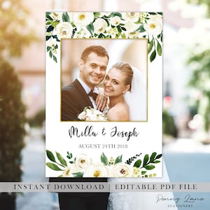 EDITABLE PDF, Wedding Selfie Frame, White Floral Selfie Frame, Selfie Photo Prop, Wedding Photo Booth Prop, Gold, Cut Out, Printable, WF1