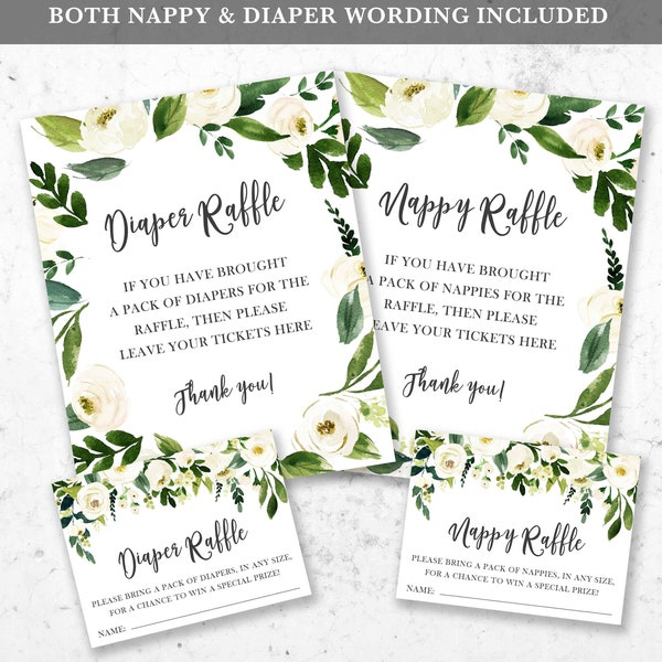 Diaper Raffle Cards, Baby Shower Diaper Cards, Nappy Raffle, White Floral, Games, Greenery, Gender Neutral, Modern, Bundle, Printable,BSG1