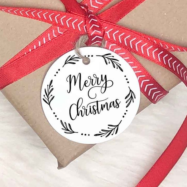 Modern Christmas Gift Tags, Xmas Tags, Labels, Classic, Minimalist, Circle, Round, Merry Christmas, Happy Christmas, Kraft, White, Black