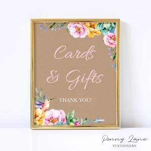 Hummingbird, Cards and Gifts Table Sign, Party Decorations, 1st Birthday, Bird theme, Pink Floral, Pastel, Gift Table, 8 x 10, Printable