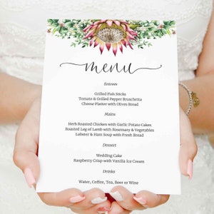 EDITABLE PDF, Protea Wedding Menu, Food, 4 x 9, 5 x 7, Long, Rustic, Australian Native Flowers, Red, Printable, Leaves, Botanical, PR1