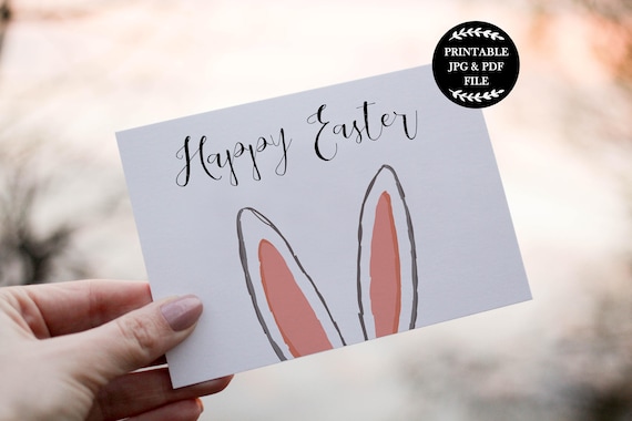 Printable Easter Card, Happy Easter Greeting Card, Easter Cards, Easter Bunny Card, Easter Printables, Rabbit Ears, Bunny Ears, Digital Il_570xn