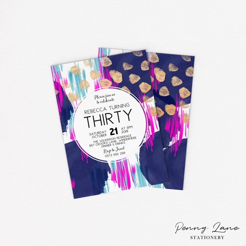 Printable Party Decorations 30th Birthday Decorations Blue Navy Pink and Gold Favour Tag Pink Abstract Favor Tag Gold EDITABLE PDF