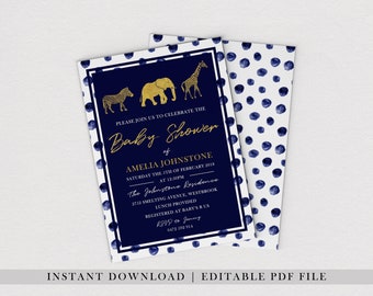 EDITABLE PDF, Safari Baby Shower Invite, Jungle, Navy and Gold, Blue, Elephant, Zebra, Baby Shower Invitation, Instant Download, Printable