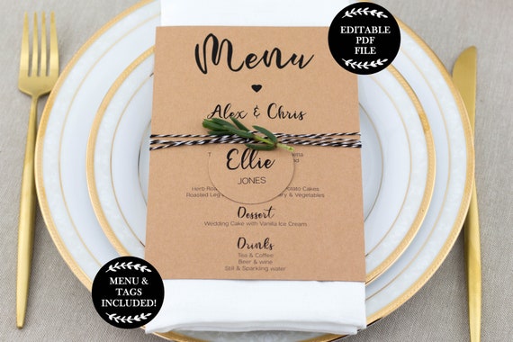 EDITABLE PDF, Rustic Wedding Menu, Modern, Simple, Name Tags, Place Cards, Printable Wedding Menu, Kraft, 5 x 7, Instant Download Il_570xn