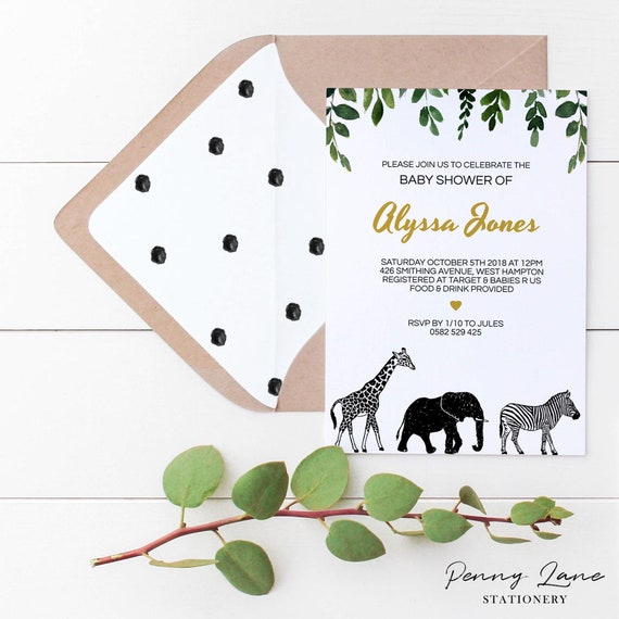 EDITABLE PDF, Modern Safari Baby Shower Invite, Greenery, Gold, Wild Animal, Invitation, Leaves, Tropical, Giraffe, Jungle, Printable, GS1 Il_570xn
