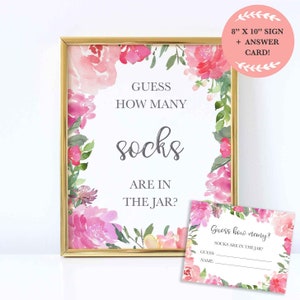 Gioco di indovinare i calzini per baby shower, calzini in barattolo, indovina quanti, gioco per baby shower, cartello, carte, stampabile, floreale rosa, grigio, ragazza, fiori, PF1