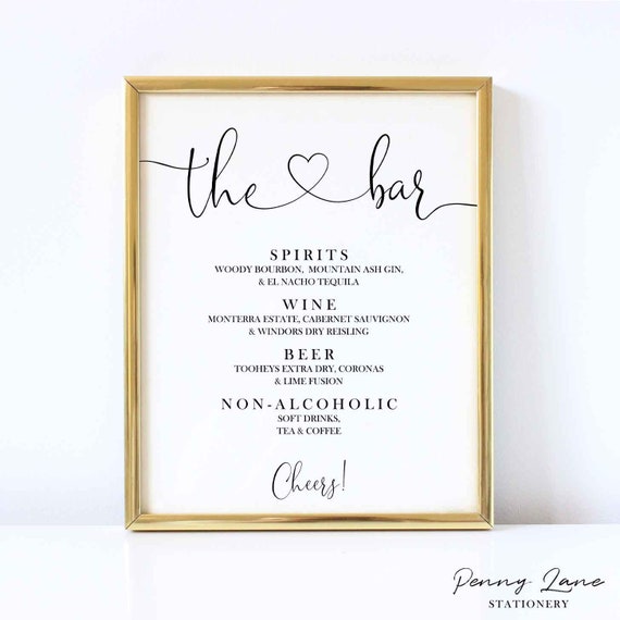 EDITABLE PDF, The Bar, Heart Swashes, Wedding Bar Menu, Modern, Alcohol List, Drinks Menu, Decorations, Printable, Minimalist, Cursive,SR1 Il_570xn