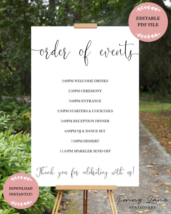 EDITABLE PDF, Wedding Order of Events Poster, Itinerary, Schedule ...
